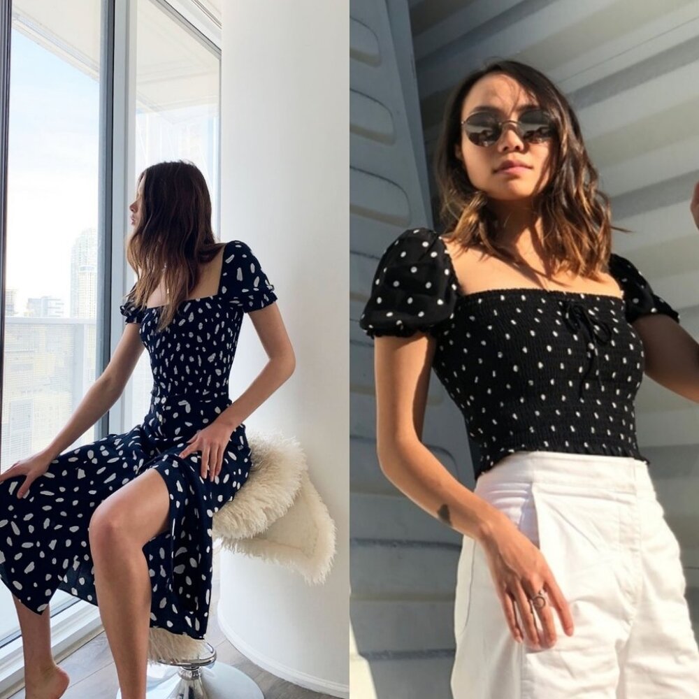 Artizia Wilfred Smocked Polkadot Blouse Square nmNeckline Black White  XS